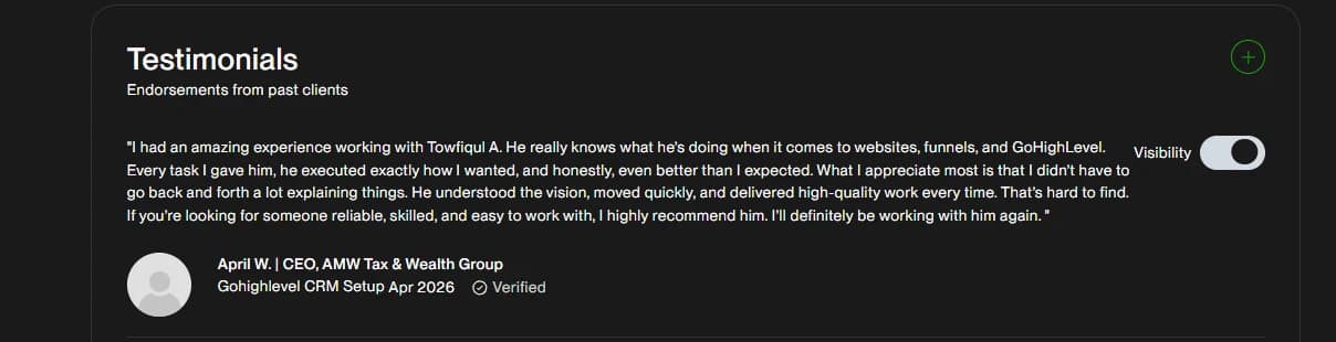 Verified Upwork testimonial from April W., CEO of AMW Tax & Wealth Group: “I had an amazing experience working with Towfiqul A. He really knows what he's doing when it comes to websites, funnels, and GoHighLevel. Every task I gave him, he executed exactly how I wanted, and honestly, even better than I expected. What I appreciate most is that I didn't have to go back and forth a lot explaining things. He understood the vision, moved quickly, and delivered high-quality work every time. That's hard to find. If you're looking for someone reliable, skilled, and easy to work with, I highly recommend him. I'll definitely be working with him again.”